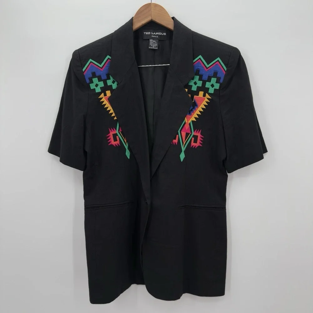Ted Lapidus Paris Womens Size‎ 8 Blazer Linen Blend Embroidered Aztec Design VTG
